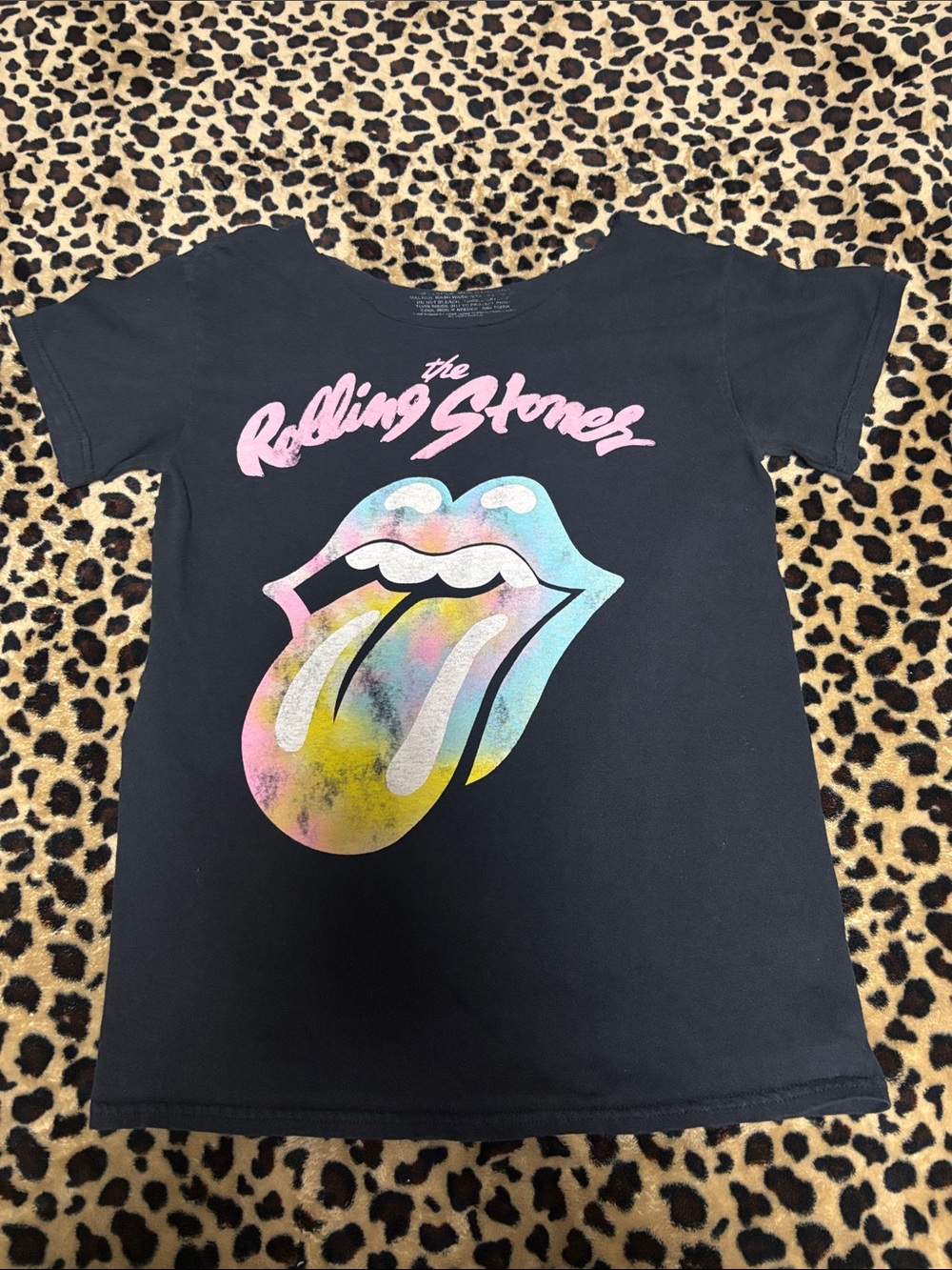the Rolling Stones Black Tee with Pastel Multicolor Tongue